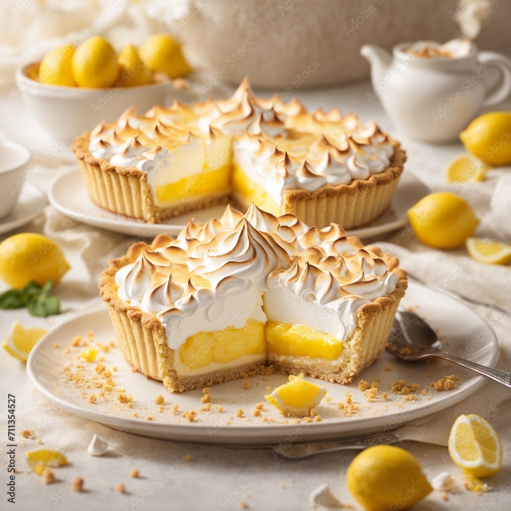 lemon cake with merengue on plate. AI Generated. lemon cake with merengue on plate. AI Generated.
