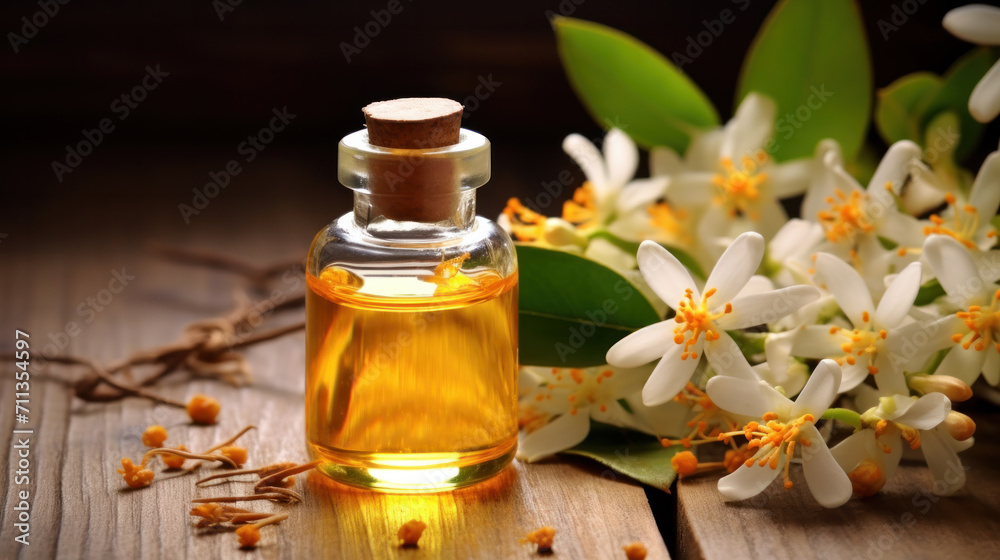 Jasmine essential oil in a glass dropper on background of jasmine flowers. Jasmine essential oil in a glass dropper on background of jasmine flowers.