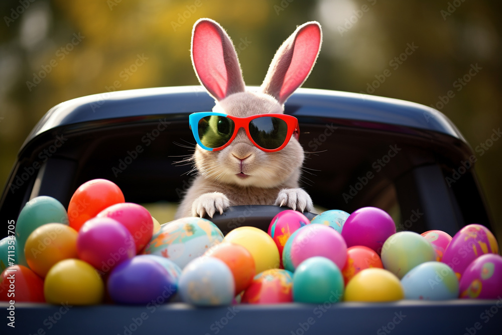 Cute easter bunny in car with easter eggs, generative ai