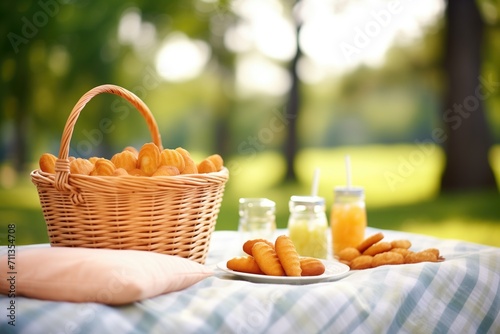 basket of madeleines at a picnic setting, natural light photo