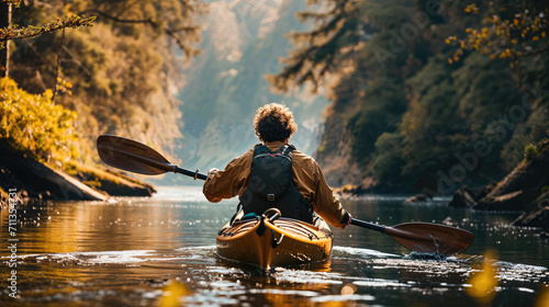 rear view of a young man kayaking on a river near the forest 