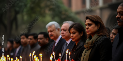 Group of solemn people holding lit candles in a vigil to commemorate a solemn occasion or tribute photo