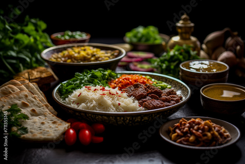 Assorted traditional Middle Eastern dishes artfully presented for Nowruz, ideal for concepts related to regional cuisine or cultural celebrations