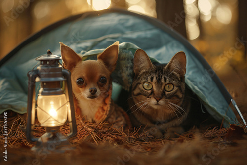 Chihuahua and Tabby Cat Buddies Camping 