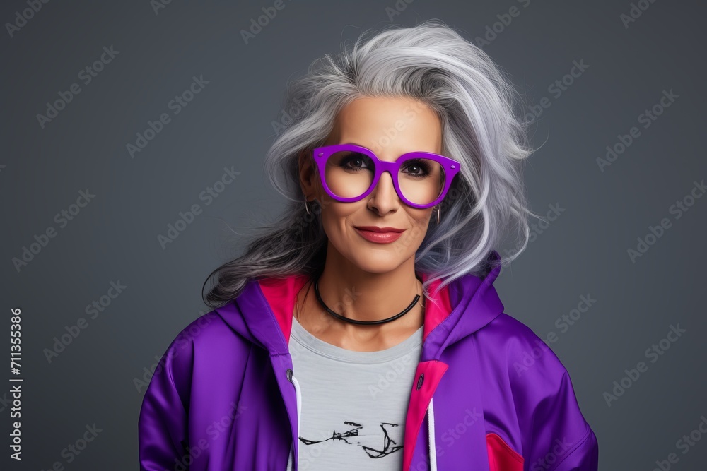 Fashionable young woman in purple jacket and glasses on grey background