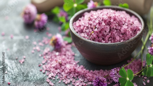 Harmonious SPA composition of purple salt  towels  green leaves  and accessories for body treatments. Wellness and relaxation