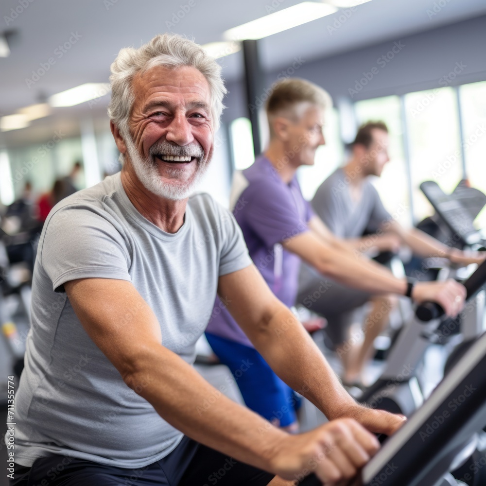 Happy senior people doing indoor biking in a fitness club Happy senior people doing indoor biking in a fitness club