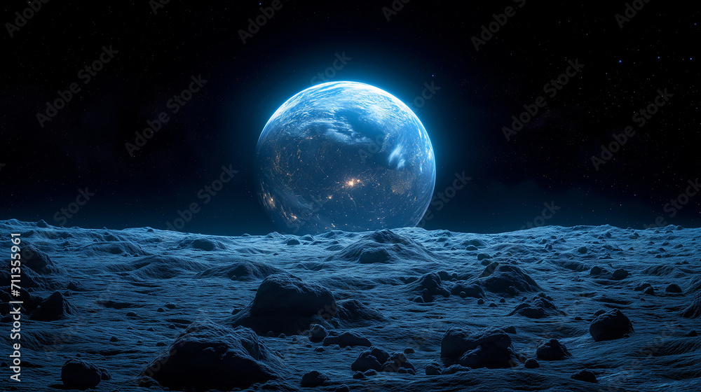 View of the planet Earth from the Moon (AI created).