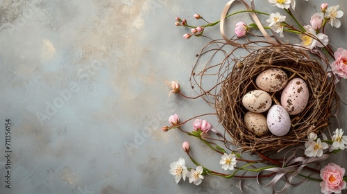 fancy handmade easter eggs in the nest framed by flowers and ribbons on a gray tabletop in the style of pastel-hued decorative bright backgrounds