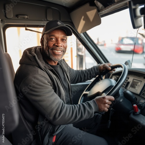Portrait of courier black man in the truck smiling to camera while sitting in driver seat, Optimistic man worker with delivery occupation. © Danko
