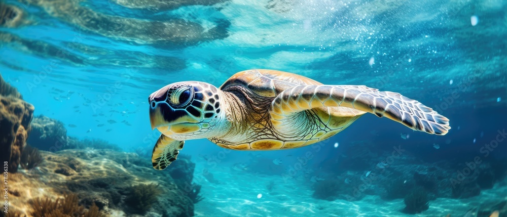 Obraz premium A green sea turtle swims in the blue ocean, Ai Generated
