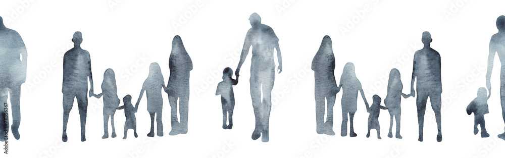 Obraz premium Watercolor border with silhouettes of people. Brush strokes in the form of blue silhouettes of people,Silhouette of family on white background.