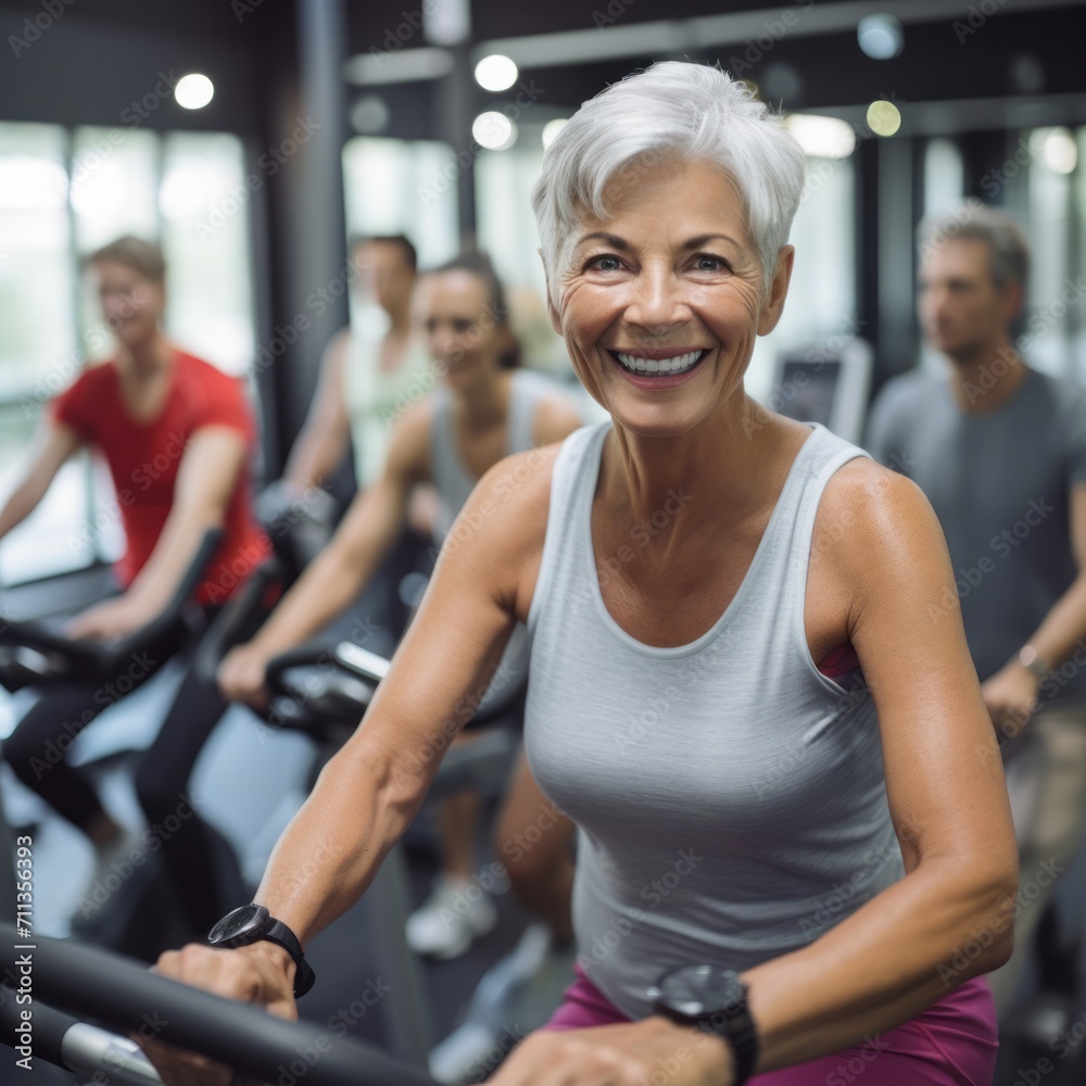 Fototapeta premium Portrait of active mature woman training on stationary bike workout in gym