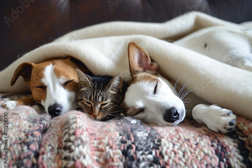 Cute dog and cat sleeping together in bed under blanket. Friendship of cute pets concept. Generative AI