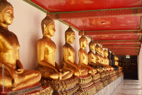 Wat Pho Temple of Thailand Bangkok Golden Buddha on Beautiful Corridor with Red Roofs