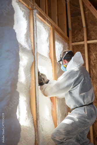 Man spaying foam insulating house walls Generative Ai