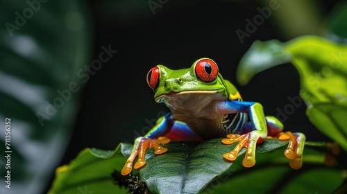 A red-eyed tree frog sits on top of a green leaf, Ai Generated