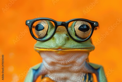 The frog is wearing a pair of round glasses with black frames, Ai Generated