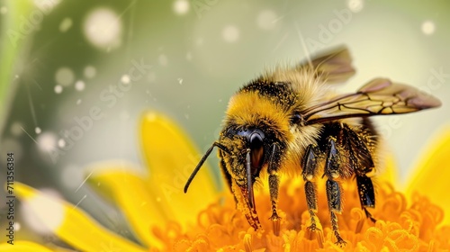 A close-up of a bee sitting on top of a yellow flower covered in pollen, Ai Generated © Crazy Juke