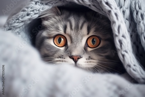 A cat is peeking out from under a blanket, Ai Generated