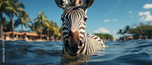 A zebra swimming across a river, Ai Generated photo