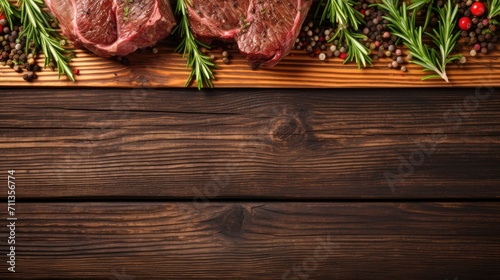 Tasty fried beef with rosemary served on a wooden table, viewed from above. Banner layout with room for text, Ai Generated.