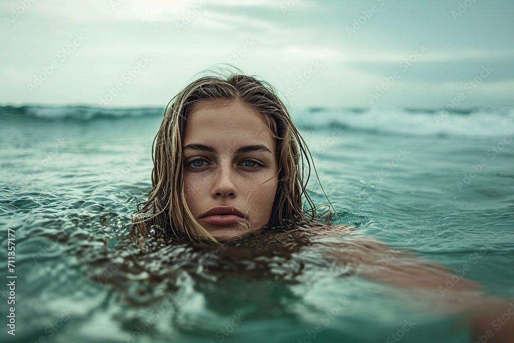young beautiful woman floating in the ocean waters