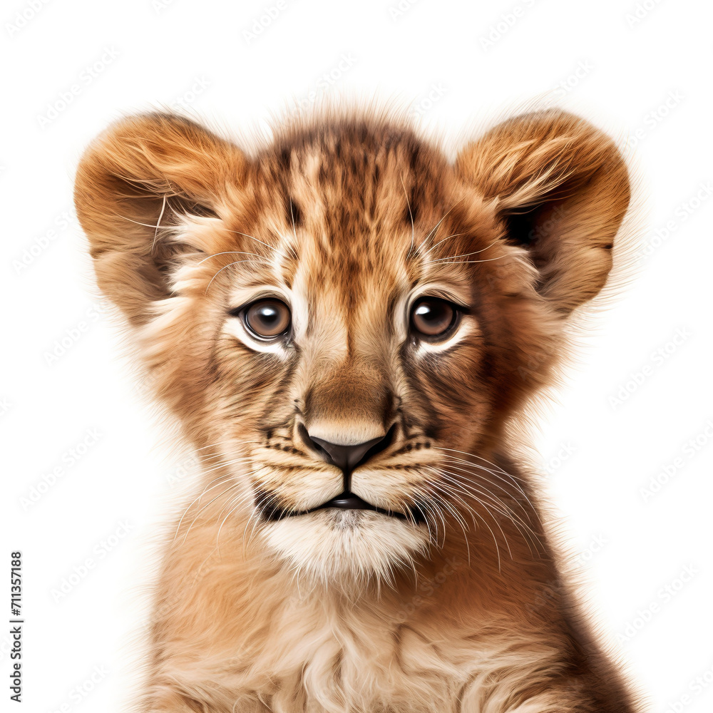 A cute close up of a baby lion cub on white background