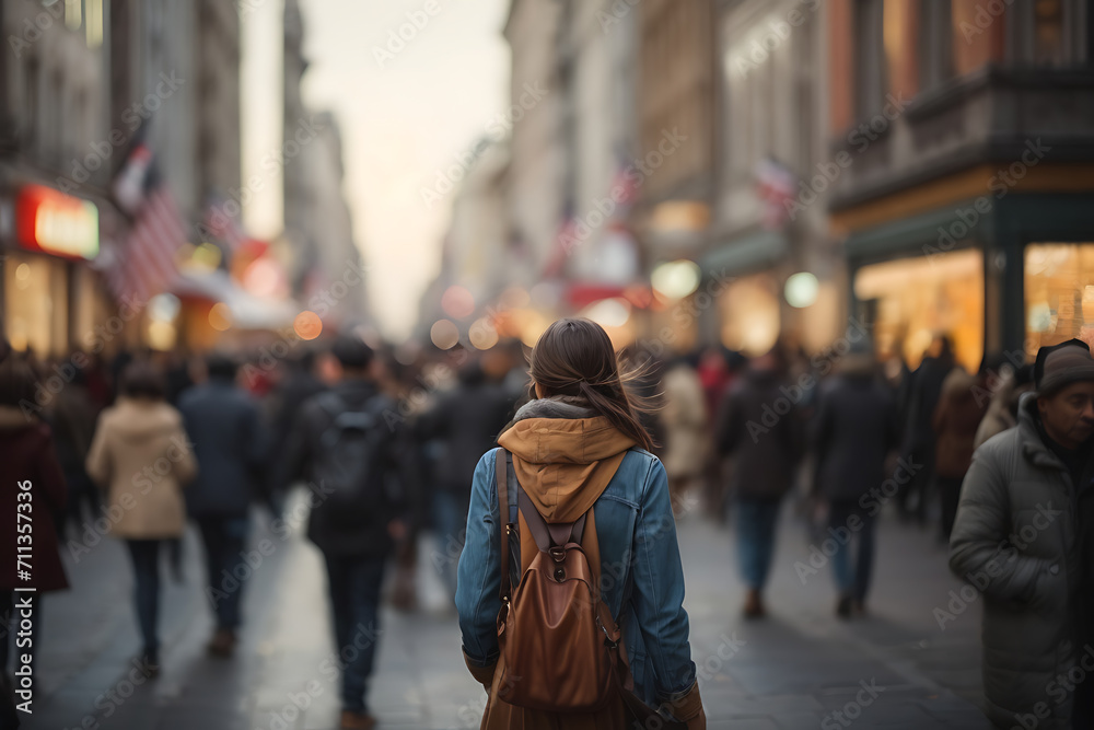 Woman Walking Down Busy City Street in Urban Environment. Generative AI.