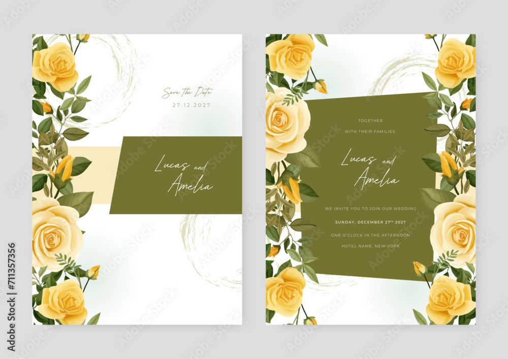 Yellow rose floral wedding invitation card template set with flowers frame decoration
