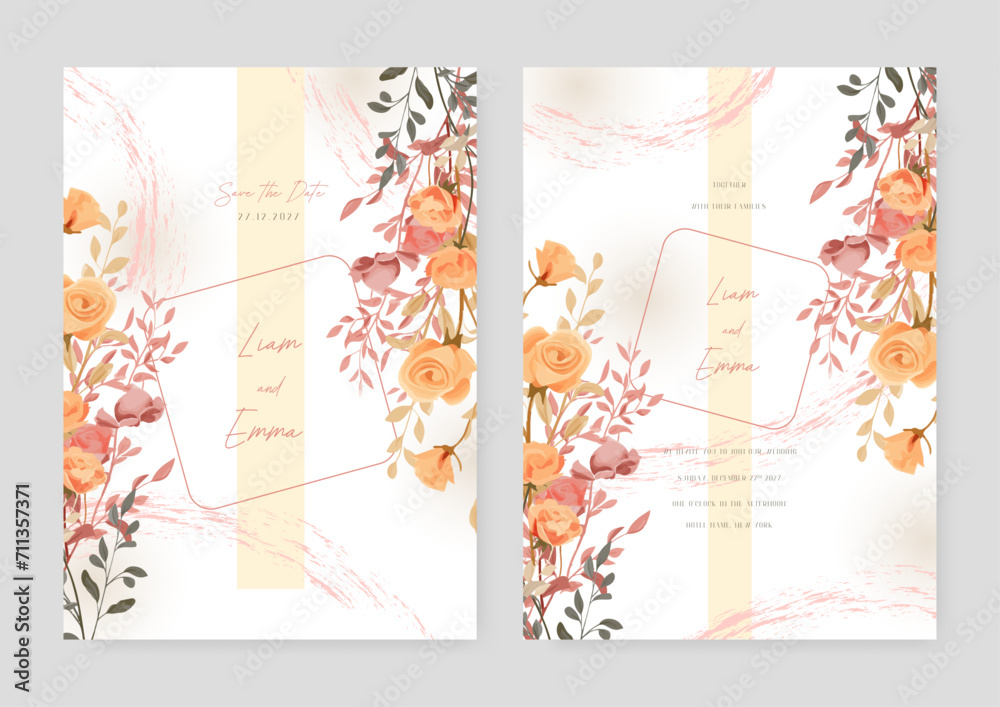 Pink and orange rose modern wedding invitation template with floral and flower