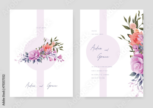 Purple violet and red rose floral wedding invitation card template set with flowers frame decoration