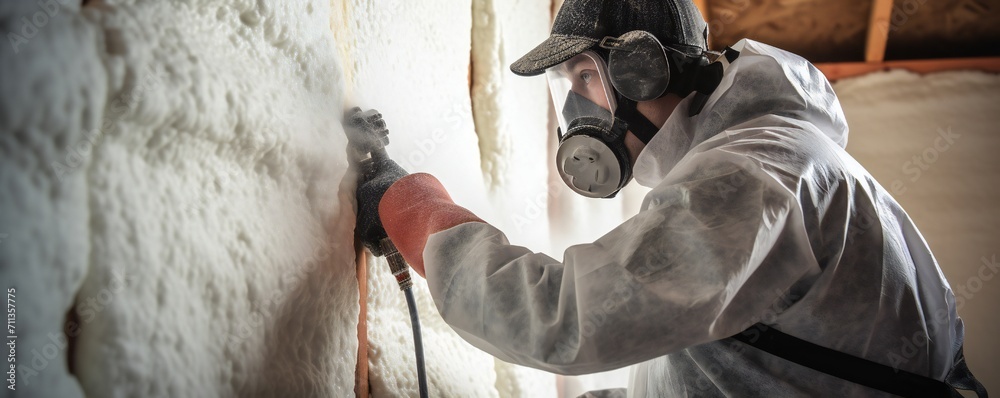 Fototapeta premium Man spaying foam insulating house walls Generative Ai
