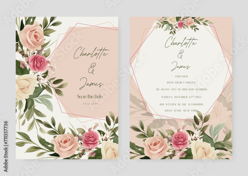 Pink beige and white rose floral wedding invitation card template set with flowers frame decoration