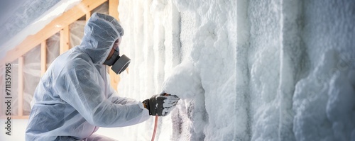 Man spaying foam insulating house walls Generative Ai photo