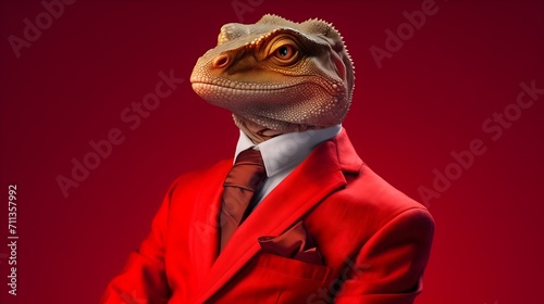 Humanoid Lizard businessman isolated on red background