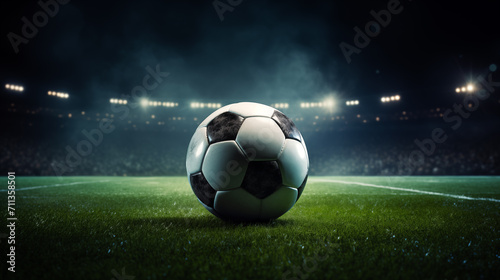 Soccer ball on a soccer grass field in front of a blurred stadium. Sport concept background