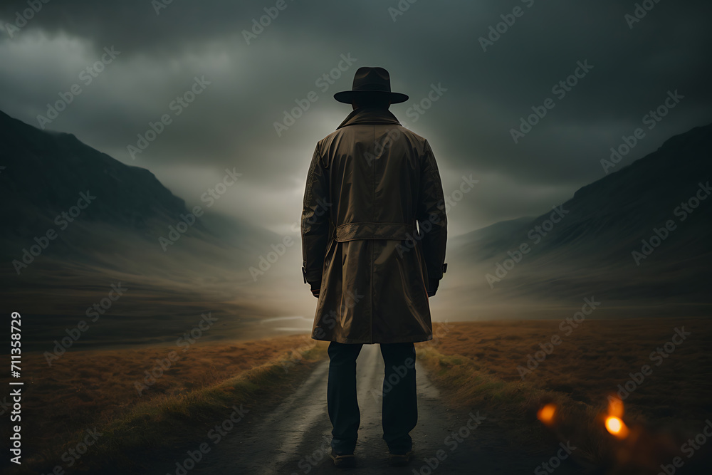 Man in Trench Coat Standing on Road at Sunset. Generative AI. Man in Trench Coat Standing on Road at Sunset. Generative AI.