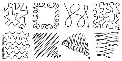 Sets of messy clew symbols lines with scribbled elements, concept of transition from complicated to simple. Vector illustration.