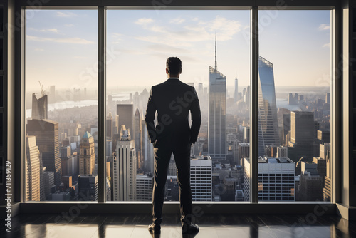 Businessman standing in office with modern city in background. Businessman standing in modern office with panoramic window and city view © Pakhnyushchyy