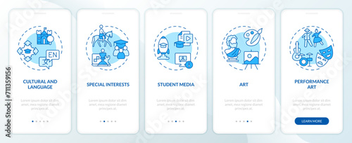 2D icons representing types of extracurricular activities mobile app screen set. Walkthrough 5 steps blue graphic instructions with thin line icons concept, UI, UX, GUI template.