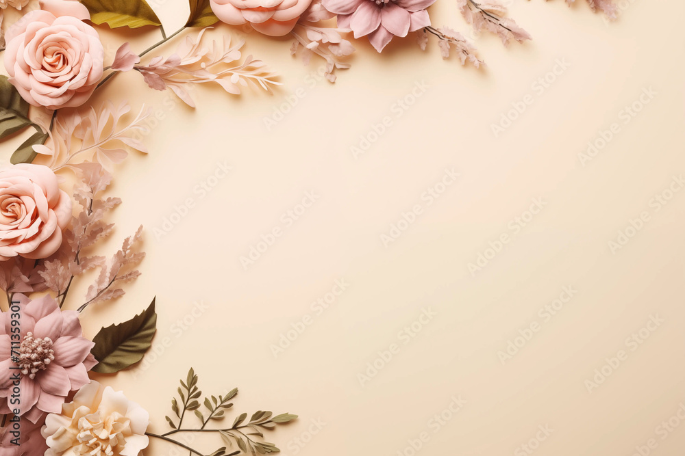 Flowers and leaves on pastel beige background, top view, copy space Flowers and leaves on pastel beige background, top view, copy space