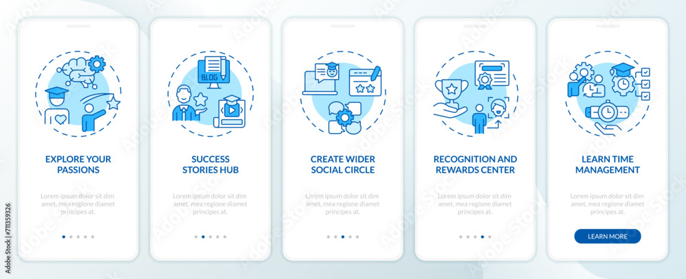 2D icons representing recommendations mobile app screen set. Walkthrough 5 steps monochromatic extracurricular activities graphic instructions with linear icons concept, UI, UX, GUI template.