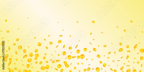 Indian rupee coins falling. Scattered gold INR coins. India money. Jackpot wealth or success concept. Wide vector illustration.