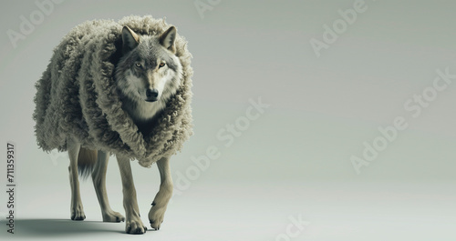 A wolf in sheep's clothing, Enigmatic Wolf Draped in a Luxurious Fur Coat, Wolf in Textured Fur Coat