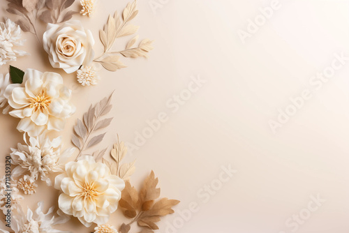 Flowers and leaves on pastel beige background, top view, copy space