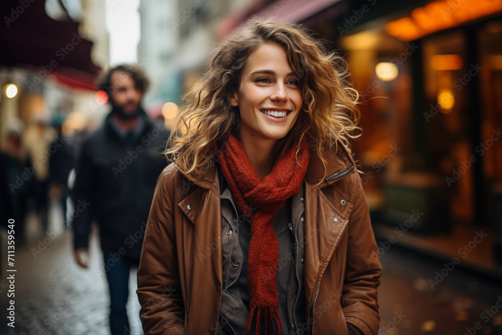 portrait of a woman walking around the city, bokeh background
