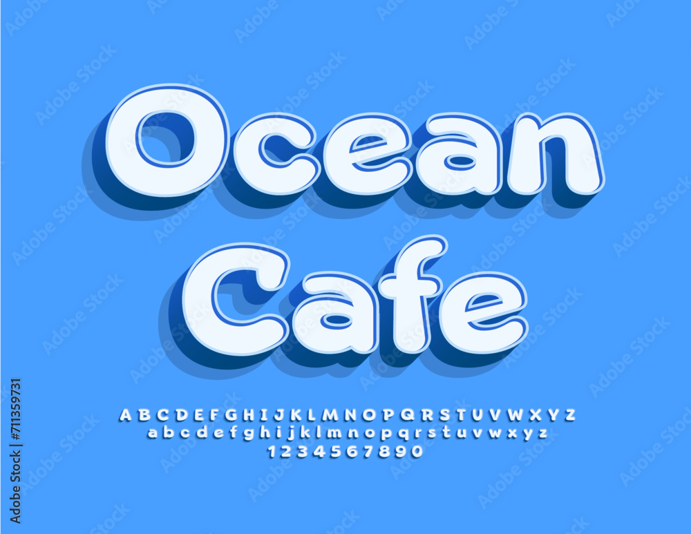 Vector trendy Banner Ocean Cafe. Bright 3D Font. Modern Alphabet Letters and Numbers. Vector trendy Banner Ocean Cafe. Bright 3D Font. Modern Alphabet Letters and Numbers.