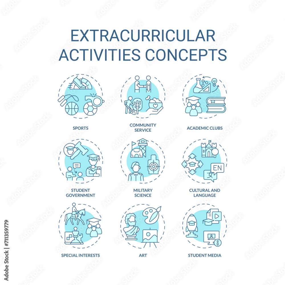 Collection of 2D editable blue thin line icons representing extracurricular activities, isolated simple vector, linear illustration.