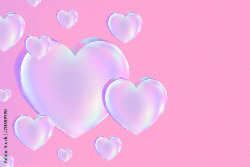 Love Valentine's day wallpaper. Abstract Heart 3D on hologram color Background, crystal glass ball soft light pink abstract background for digital design web template background backdrop wallpaper